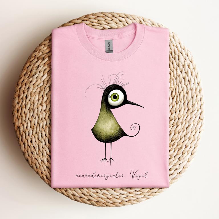 Rosa T-Shirt mit neurodivergentem Vogel – witziges Statement-Shirt für neurodivergente Frauen