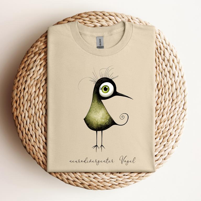 Naturfarbenes T-Shirt mit neurodivergentem Vogel – originelles Motiv für neurodiverse Identität
