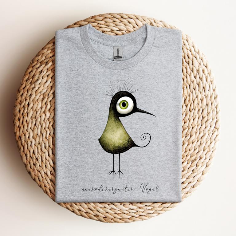 Graumeliertes T-Shirt mit neurodivergentem Vogel – modernes Shirt für neuroaffirmative Sichtbarkeit