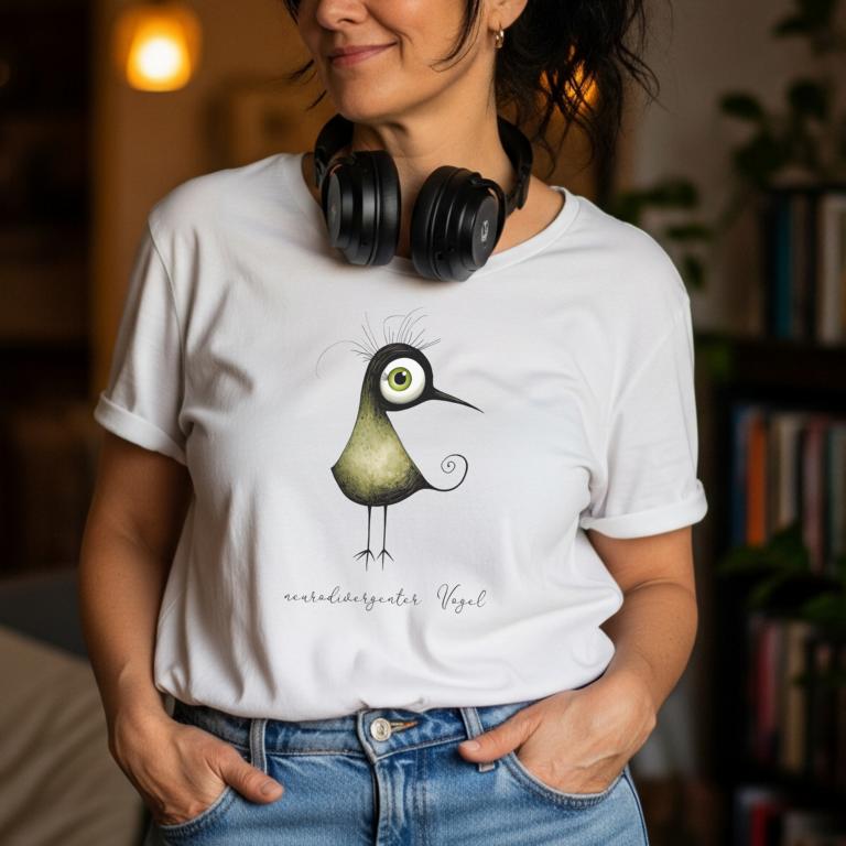 Weißes T-Shirt mit neurodivergentem Vogel – Statement-Shirt für Neurodivergenz & Individualität