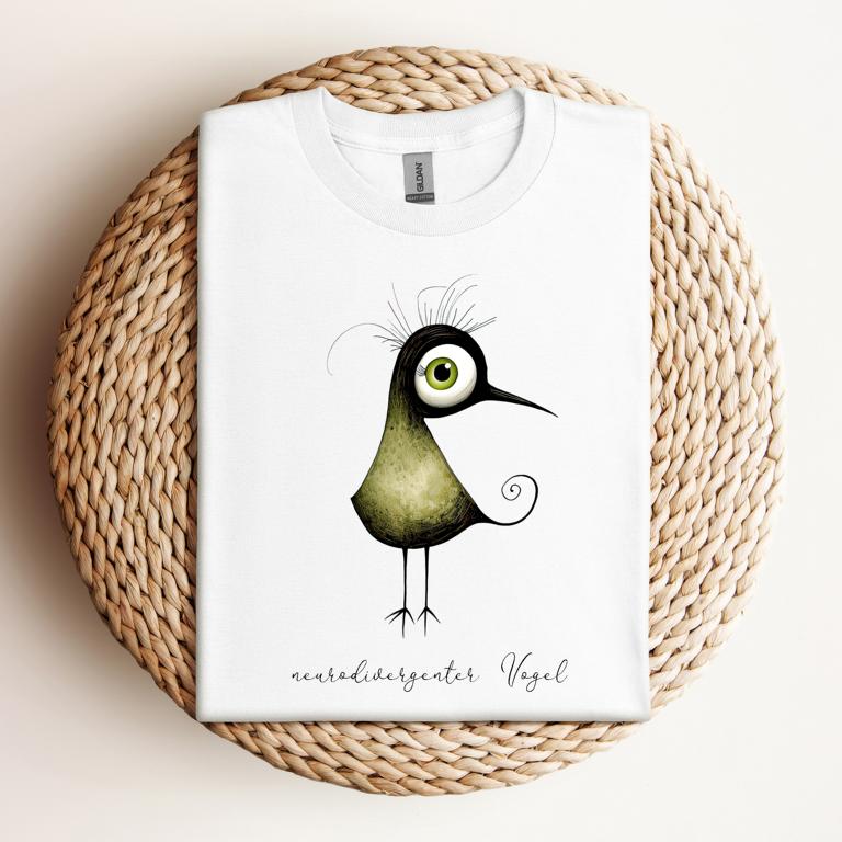 Weißes T-Shirt mit neurodivergentem Vogel – Statement-Shirt für Neurodivergenz & Individualität