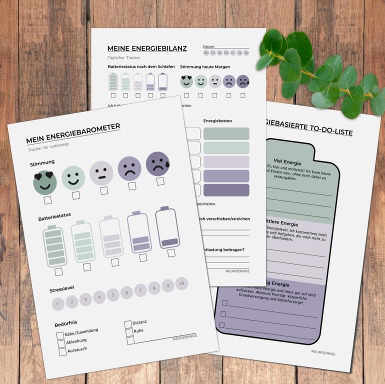 Drei praktische Vorlagen zur Unterstützung eines gesunden Energie- und Stressmanagements sowie Stimmungstracking für Menschen mit Autismus und/oder ADHS. Digitaler Download, hochauflösende PDF Datei.