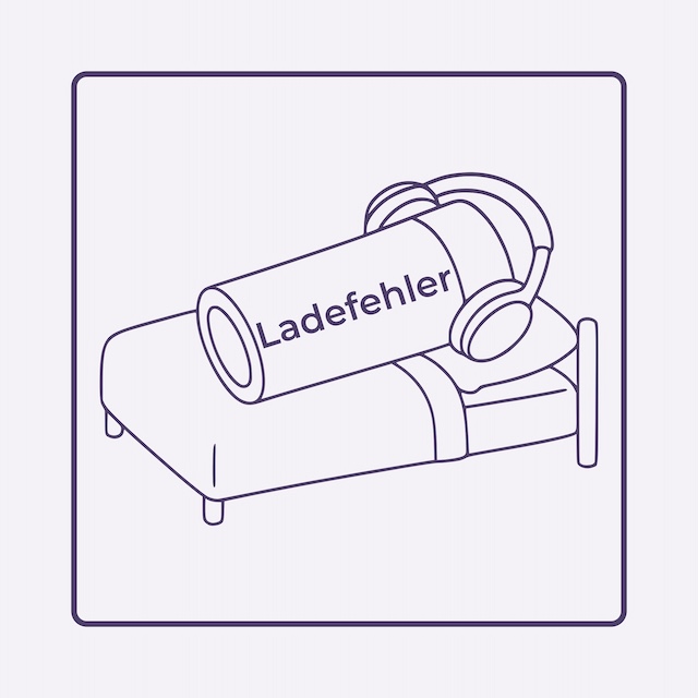 Burnout bei Autismus/ Erfahrungen mit autistischem Burnout: Zeichnung einer Batterie, die Noise-Cancelling Kopfhörer trägt und im Bett liegt. Auf ihr steht "Ladefehler".