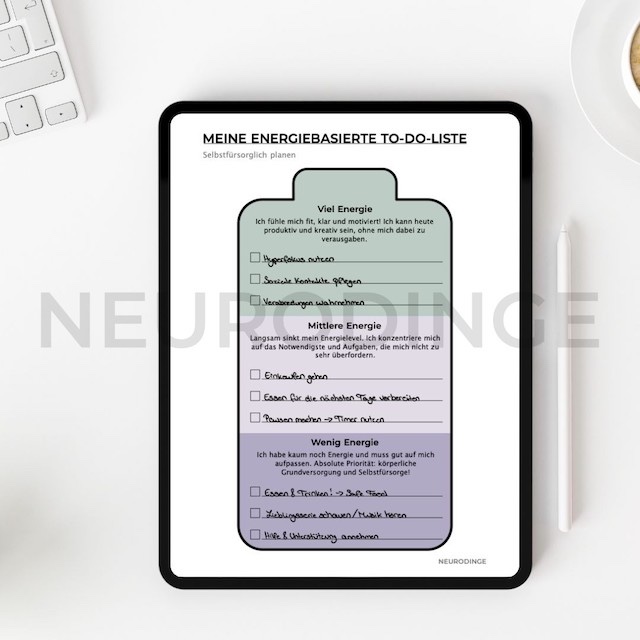Ausfüllbeispiel: Digitales Tool "Meine energiebasierte To-Do-Liste" zum Herunterladen und Ausdrucken. Hilfsmittel zum selbstfürsorglich und nach Energielevel planen, um autistischen Burnout zu vermeiden.