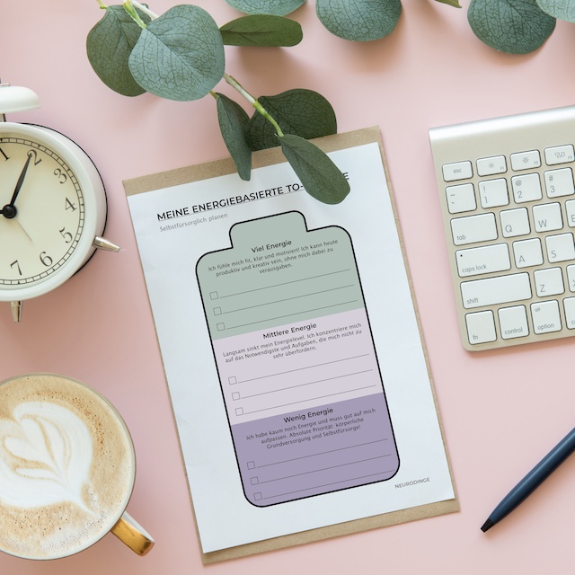 Digitales Tool "Meine energiebasierte To-Do-Liste" zum Herunterladen und Ausdrucken. Hilfsmittel zum selbstfürsorglich und nach Energielevel planen, um autistischen Burnout zu vermeiden.