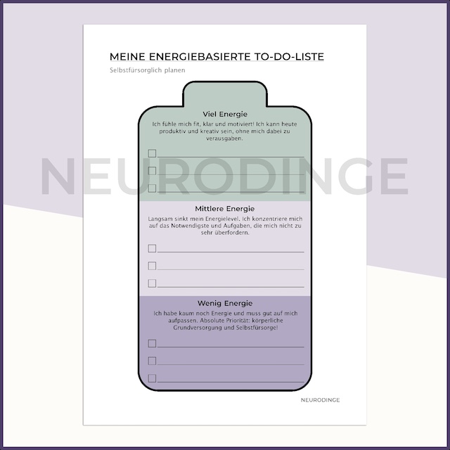 Digitales Tool "Meine energiebasierte To-Do-Liste" zum Herunterladen und Ausdrucken. Hilfsmittel zum selbstfürsorglich und nach Energielevel planen, um autistischen Burnout zu vermeiden.