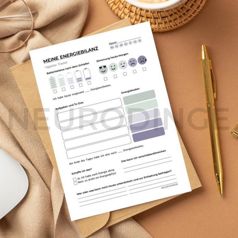 Digitales Tool für das tägliche Energiemanagement bei Autismus, ADHS, AuDHS und (autistischem) Burnout. Ausdrucken und täglich ausfüllen, um selbstfürsorglich mit dem eigenen Energiehaushalt umzugehen.