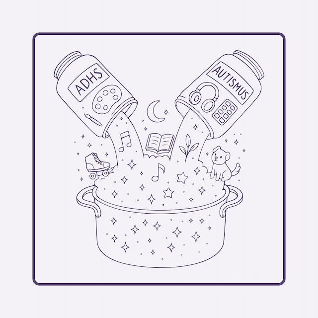 Leben mit AUDHD/ Doppeldiagnose Autismus und ADHS: Konturzeichnung von zwei Gläsern, deren Inhalt in einen Topf geschüttet werden. Auf dem einen Glas steht Autismus, dessen Inhalt zum Beispiel Kopfhörer, Fidgets und Spezialinteressen sind. Auf dem anderen Glas steht ADHS mit dem Inhalt eines Pinsels, Rollschuhen und einer Farbpalette. Heraus kommt eine kunterbunte Mischung, dargstellt mit Glitzer.