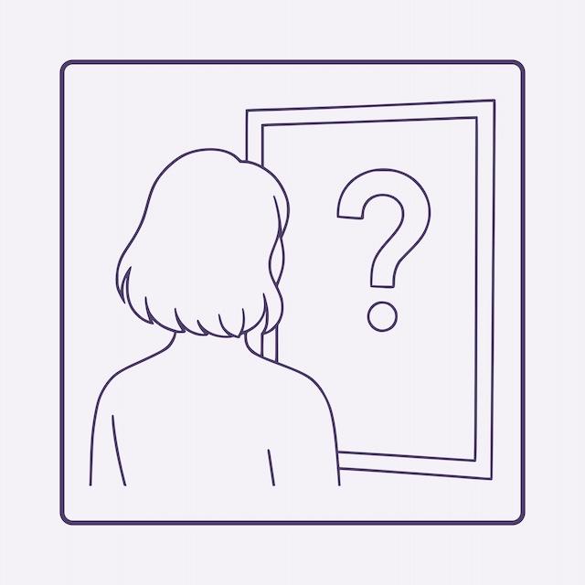 Masking und Identität/ Masking bei Autismus Erfahrungen: Konturzeichnung einer Frau, die in den Spiegel schaut und nur ein großes Fragezeichen sieht.