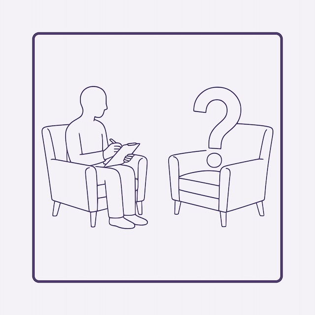 Therapieerfahrungen Autismus: Konturzeichnung eines therapeutischen Settings mit zwei Sesseln. Auf dem einen Sessel sitzt ein Therapeut und auf dem anderen ein großes Fragezeichen.