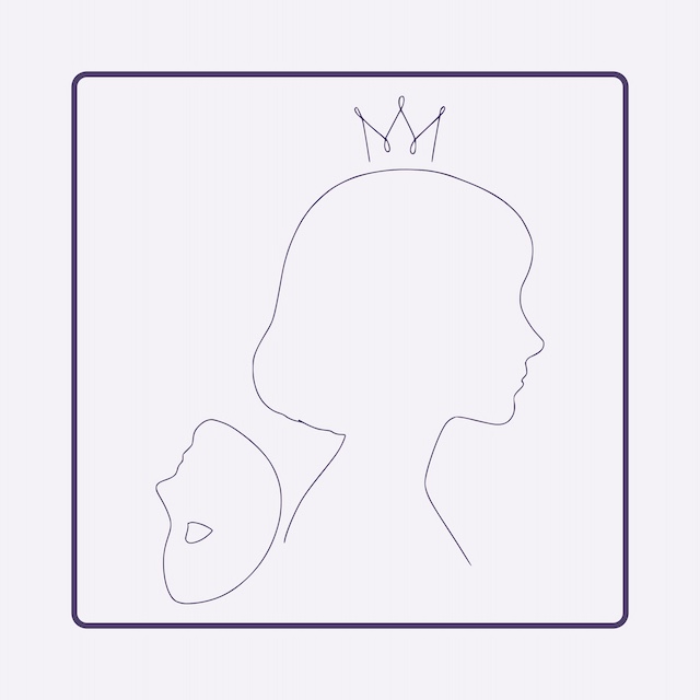 Unmasking Erfahrungen: Handzeichnung der Konturen eines Porttraits einer Frau. Hinter ihr fällt eine Maske hinunter und sie trägt eine Krone