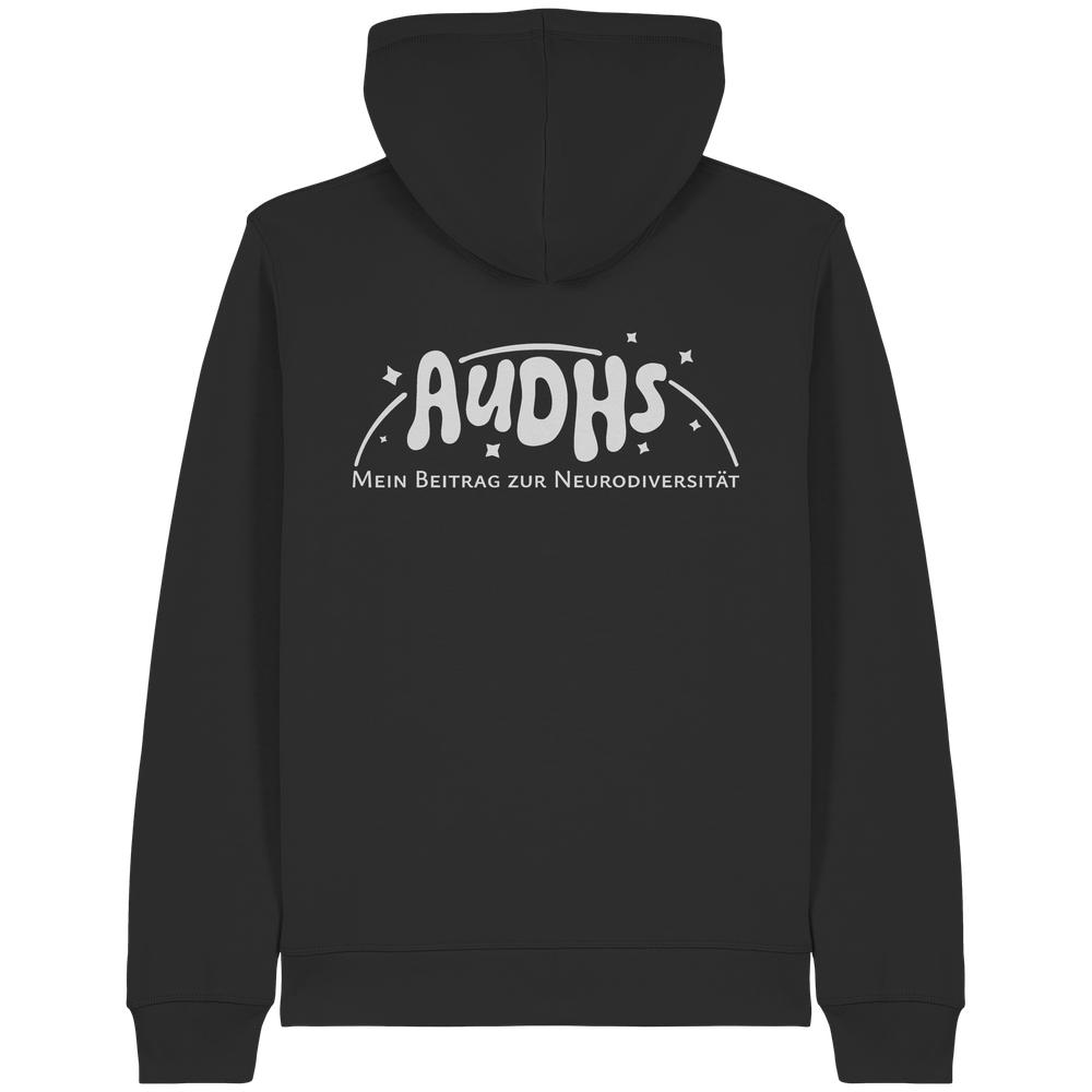 Statement Zipper-Hoodies mit Schriftzug „AuDHS – Mein Beitrag zur Neurodiversität“ – für Menschen mit Autismus und ADHS.