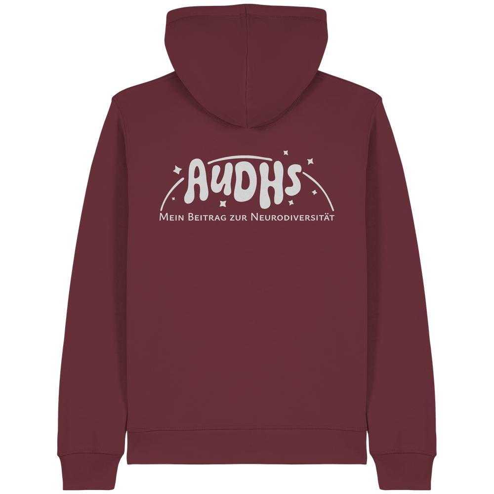 Statement Zipper-Hoodies mit Schriftzug „AuDHS – Mein Beitrag zur Neurodiversität“ – für Menschen mit Autismus und ADHS.