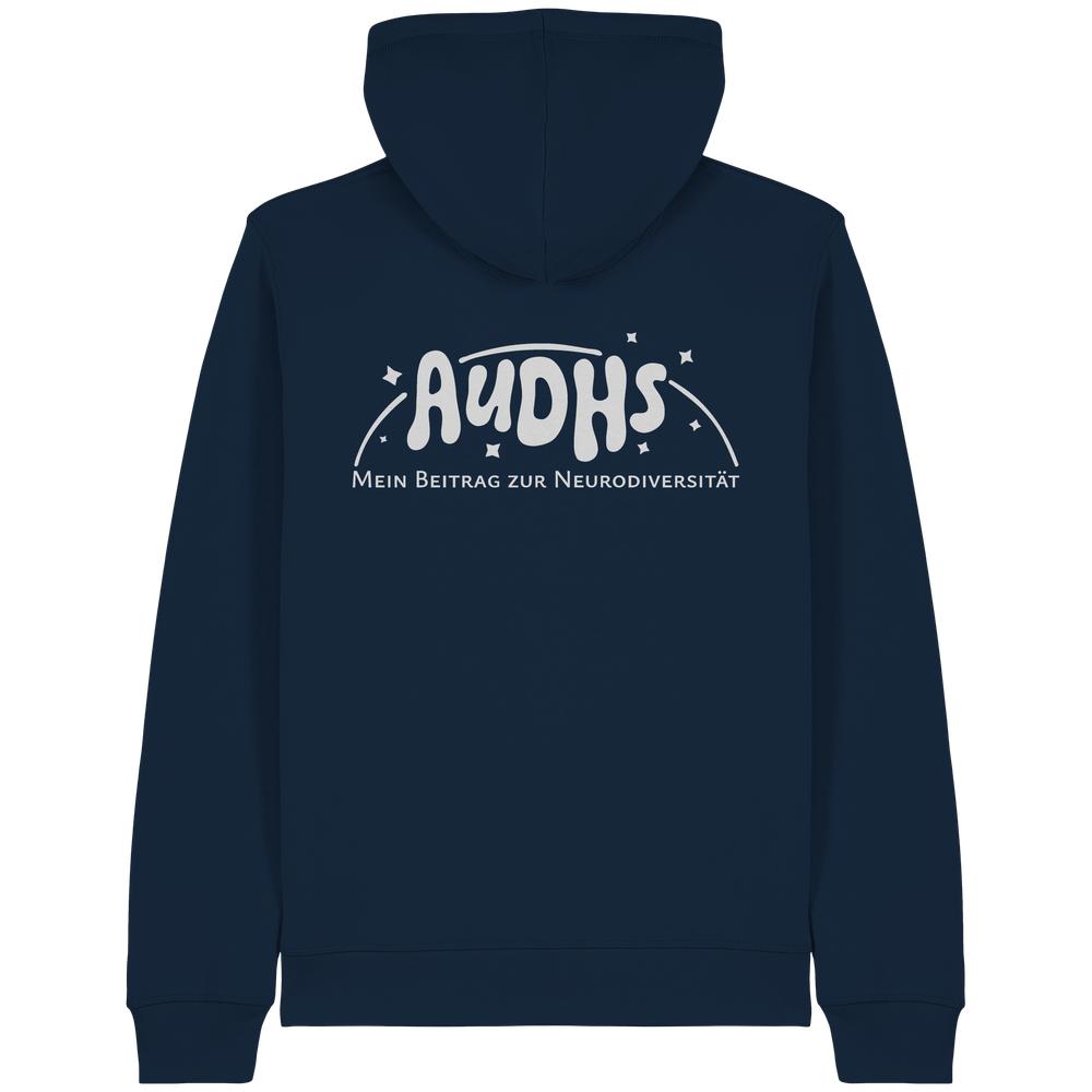 Statement Zipper-Hoodies mit Schriftzug „AuDHS – Mein Beitrag zur Neurodiversität“ – für Menschen mit Autismus und ADHS.