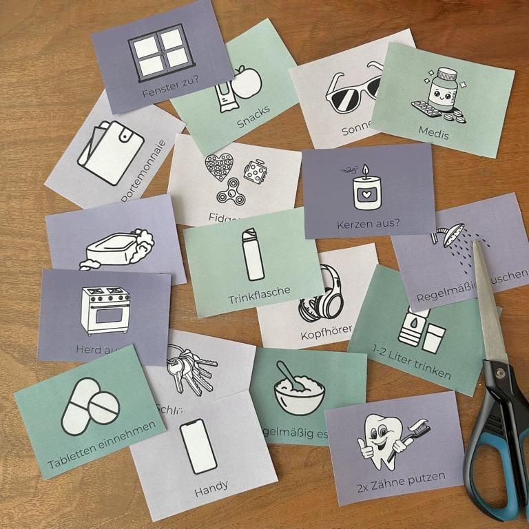 Erinnerungskarten für Autismus und ADHS digitales Hilfsmittel bei exekutiven Dysfunktionen freundlicher und nachsichtiger Reminder für Selbstannahme Vorschaubild beider Produkte