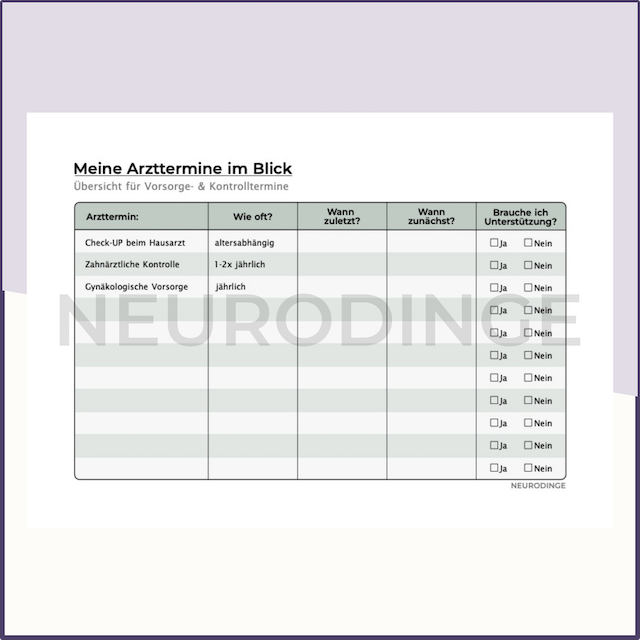 Der neuroaffirmative Begleiter für Arzttermine: Medizinische Selbstversorgung und Selbstorganisation für neurodivergente Menschen. Besonders hilfreich bei exekutiven Dysfunktionen und Schwierigkeiten mit interozeptiver Wahrnehmung und Symptomerkennung bei Autismus, ADHS, AUDHS.